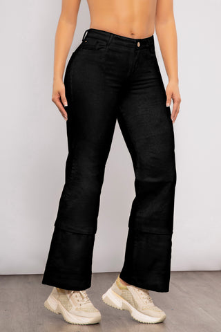 PANTALON WIDE LEG BOLSILLO PRETINA DELGADA CON RUEDO