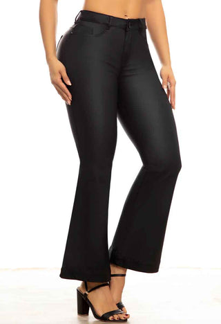 PANTALON BOTA CAMPANA BOLSILLO PRETINA DELGADA CON RUEDO ENCAUCHETADO