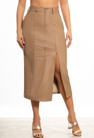 FALDA MIDI PRETINA DELGADA CON ABERTURA EN PIERNA Y BOLSILLOS COLOR ARENA - FIARA