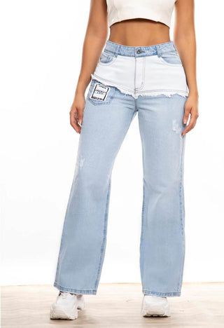 PANTALON BOTA RECTA CONTRASTE BOLSILLO PRETINA DELGADA CON RUEDO