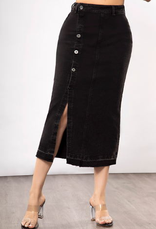 FALDA MAXI PRETINA DELGADA DETALLES CON BOTONES BOLSILLOS APERTURA EN PIERNA COLOR NEGRA - FIARA JEANS