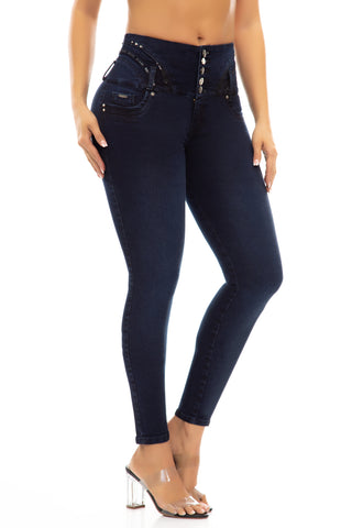 JEAN SKINNY TIRO ALTO 5 BOTONES CONTROL ABDOMEN SIN BOLSILLOS AZUL OSCURO - FIARA JEANS