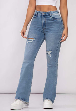 PANTALON BOTA CAMPANA BOLSILLO PRETINA DELGADA CON RUEDO