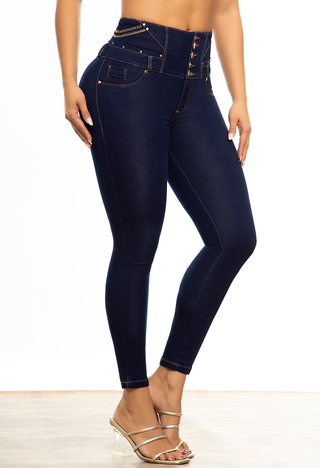 JEAN SKINNY CONTROL DE ABDOMEN 5 BOTONES PRETINA DECORADA SIN BOLSILLOS AZUL OSCURO - DO JEANS